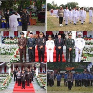 Wakapolres Pesisir Barat Hadiri Upacara Penurunan Bendera Merah Putih Dalam Rangka HUT RI ke – 78 di Lapangan Merdeka Krui